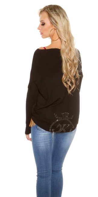 Trendy pullover with lace and rhinestones Black